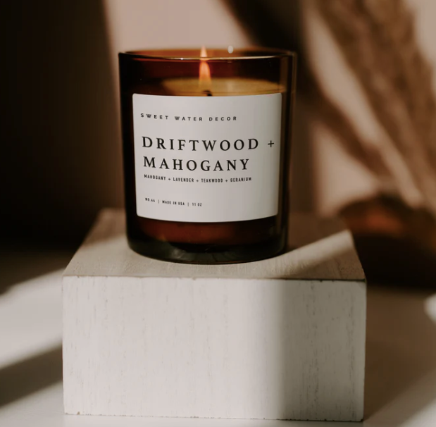 Driftwood + Mahogany 11oz Amber Wood Jar Candle